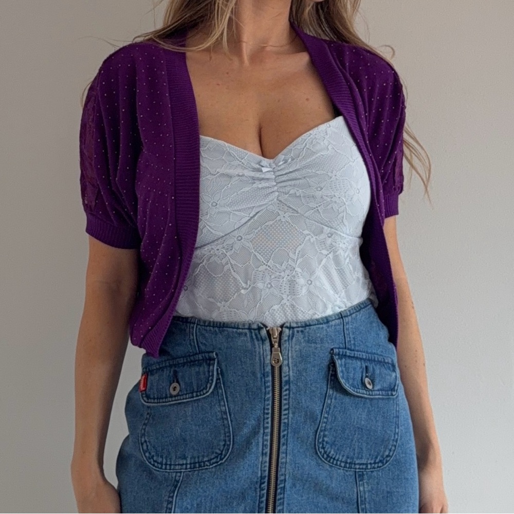 Vintage Candie’s Purple Cardigan Top Studded Lace Sleeve Y2K Aesthetic Size S M